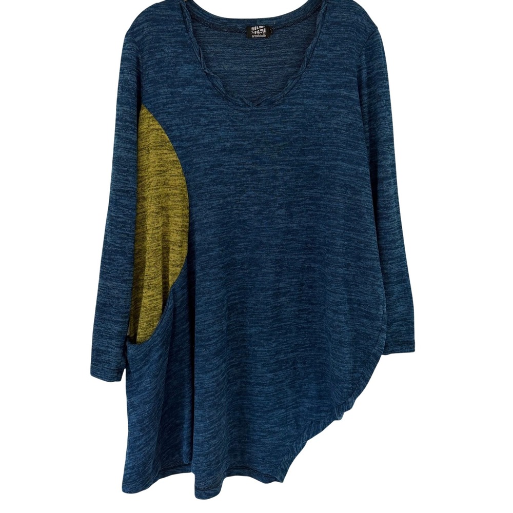 Artofcloth Blue Space Dye Asymmetrical Tunic Top XL Lagenlook Pocket Mustard